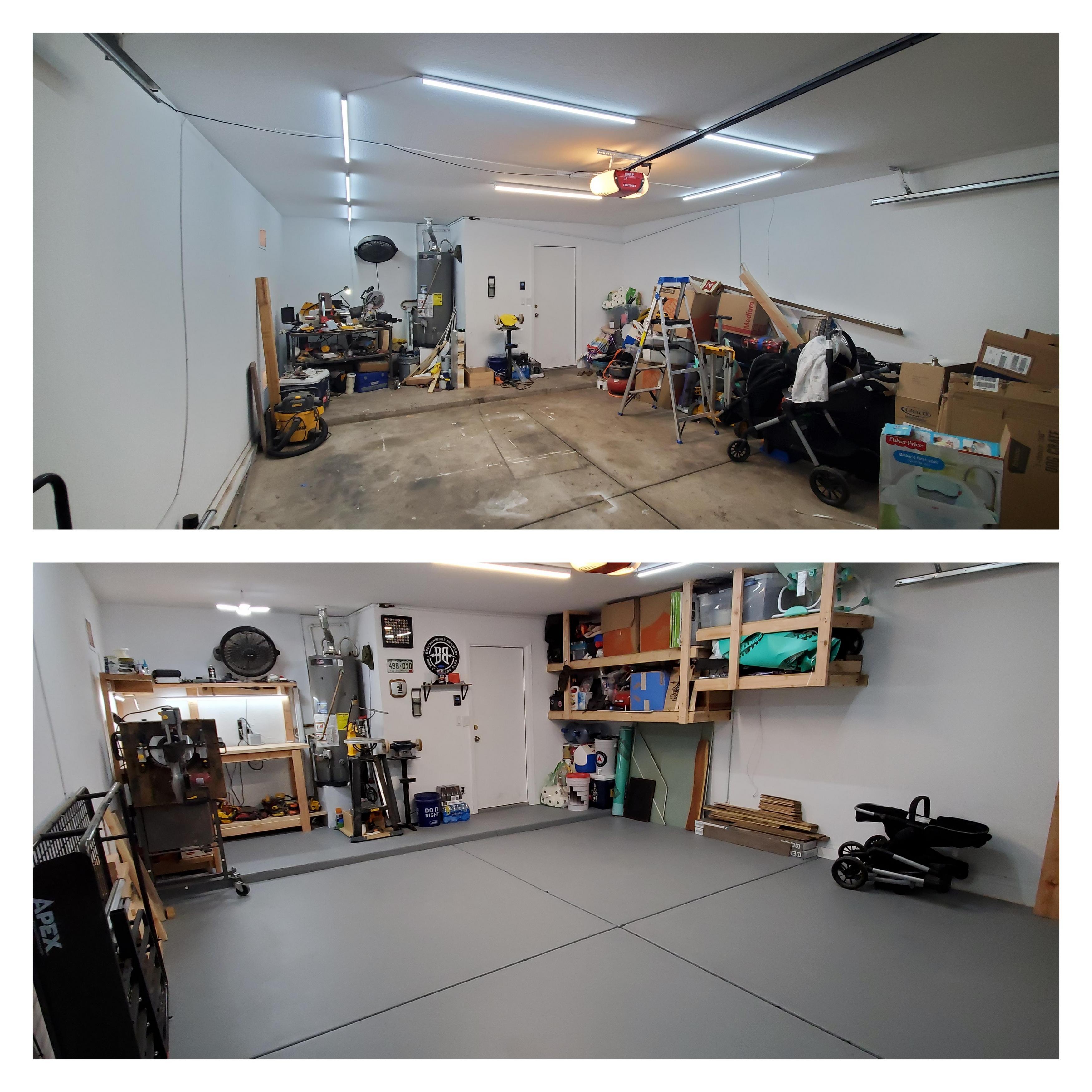 Before and after garage transformation showing cluttered space becoming organized clean storage area