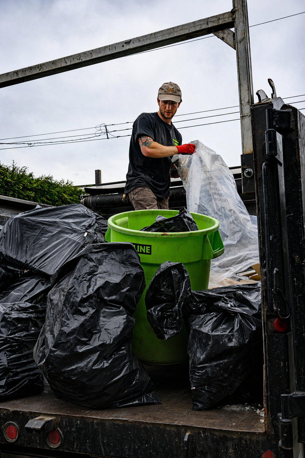 Go Junk Go crew member organizing bags of construction debris and drywall on the junk removal truck in Vancouver