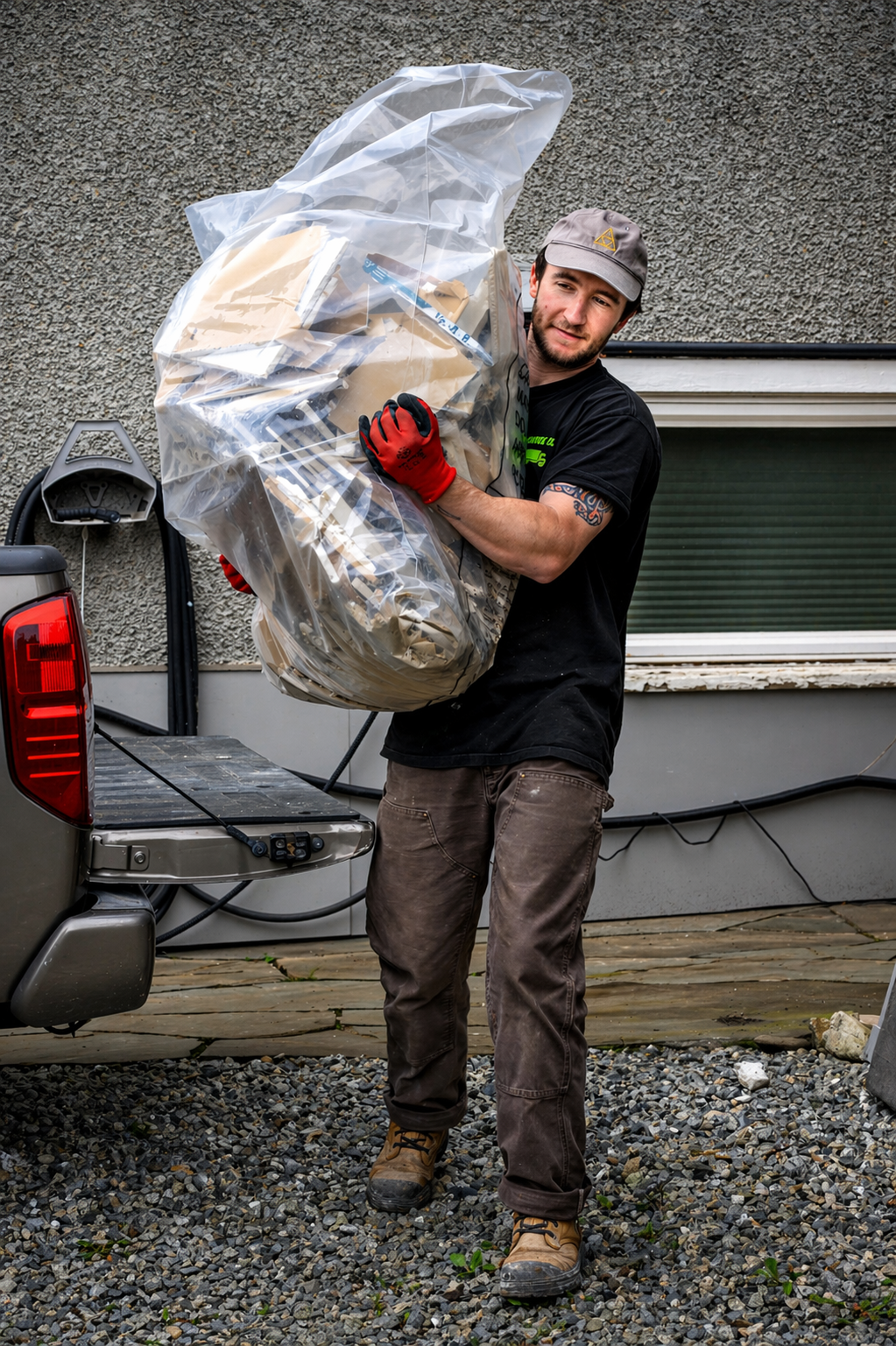 Go Junk Go crew member carrying a large bag of drywall debris during a residential drywall removal job in Vancouver