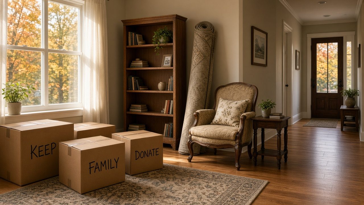 Labelled keep and donate boxes beside an armchair and half-empty bookcase during a fall downsizing in a Metro Vancouver home