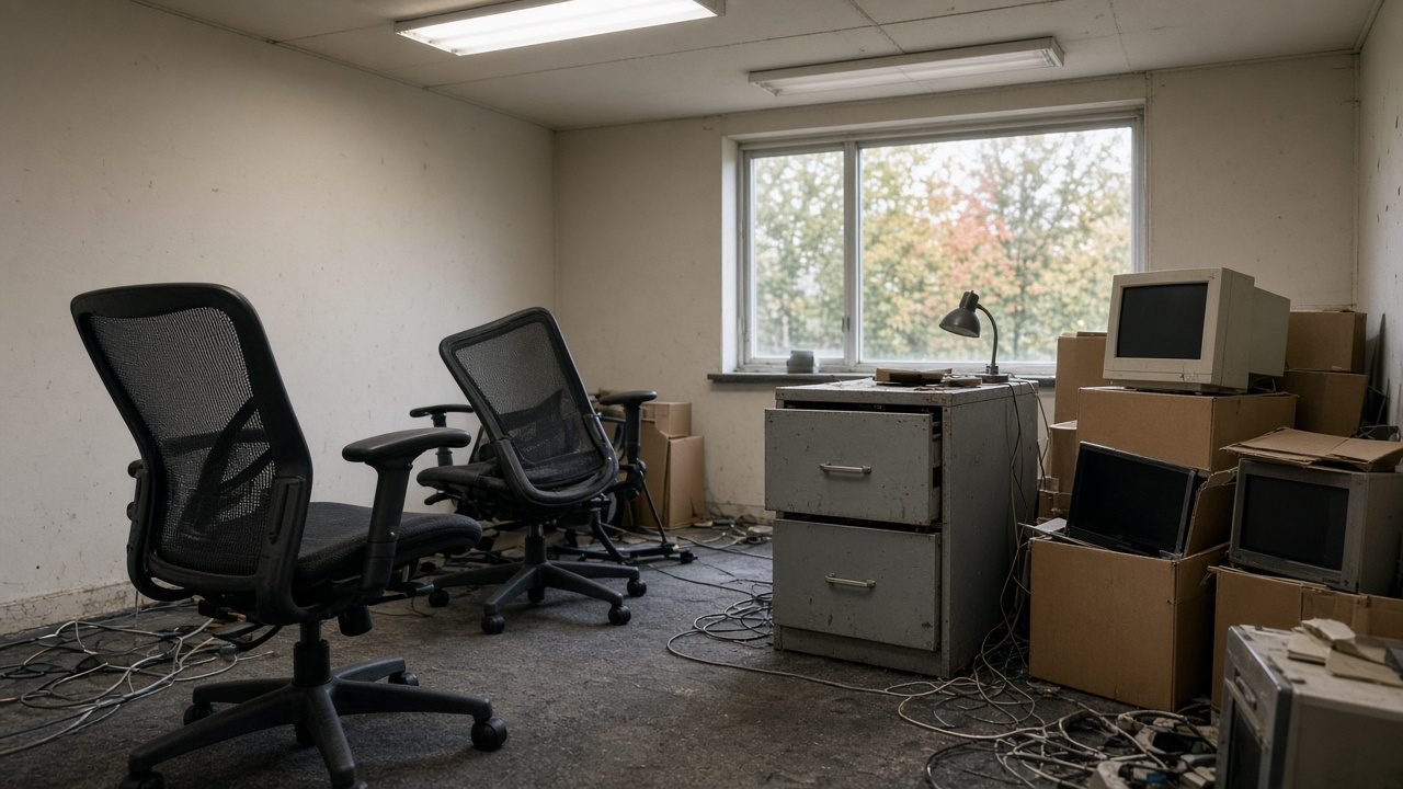 Back office storage room in Metro Vancouver with broken task chairs, a filing cabinet, and boxed monitors ready for a cleanout.