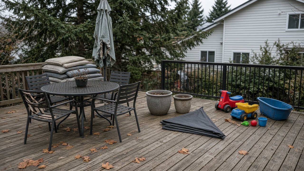 Patio furniture and outdoor gear staged for fall removal before wet weather in Metro Vancouver