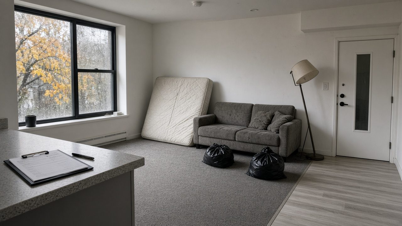 Left-behind mattress, couch, and garbage bags in an empty rental suite during a fall tenant turnover in Metro Vancouver