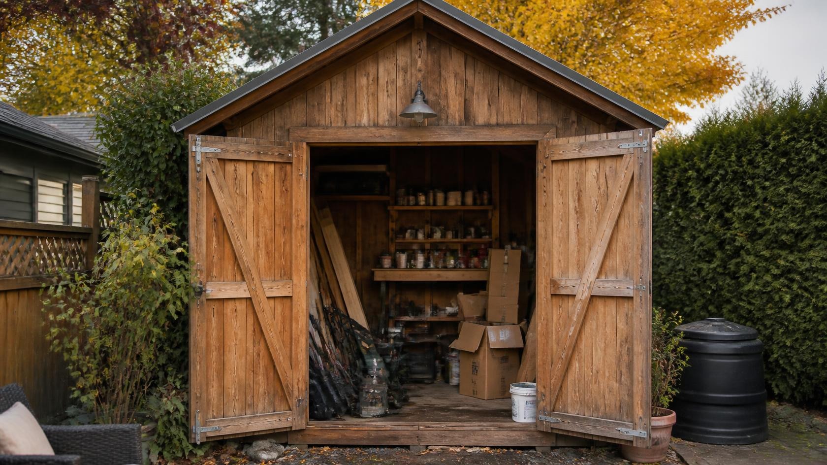 Packed garden shed and backyard workshop staged for fall junk removal cleanout in Metro Vancouver