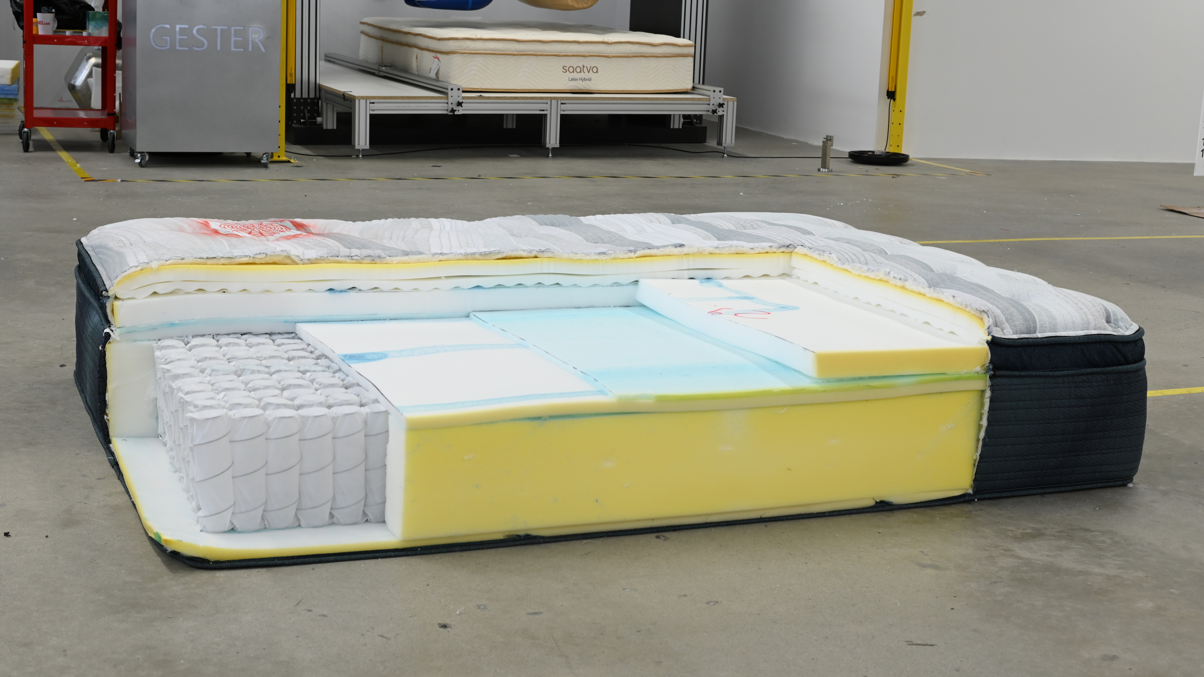 Cut-away view of mattress showing foam layers and spring structure