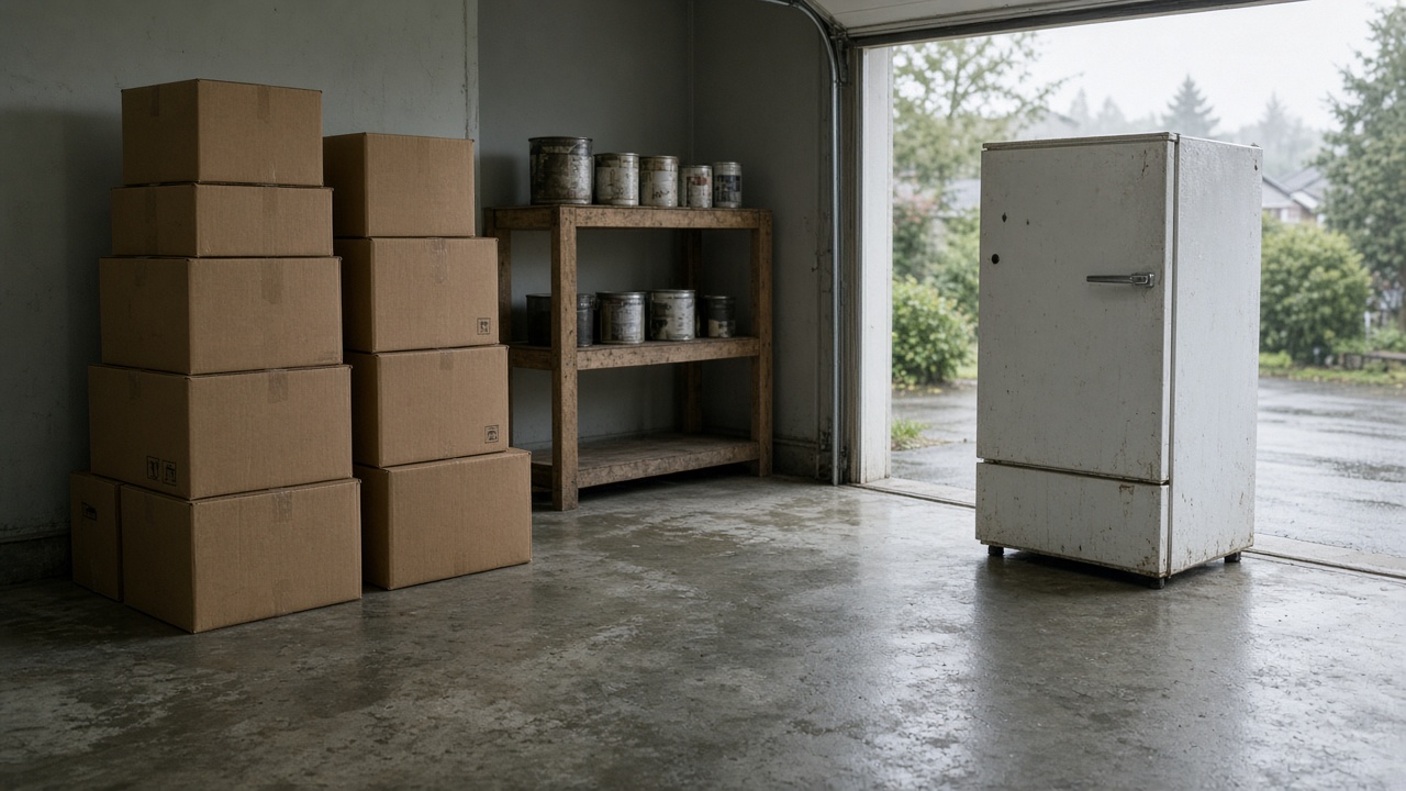 Cardboard, paint cans, and a failed appliance staged for pre-rain garage cleanout in Metro Vancouver